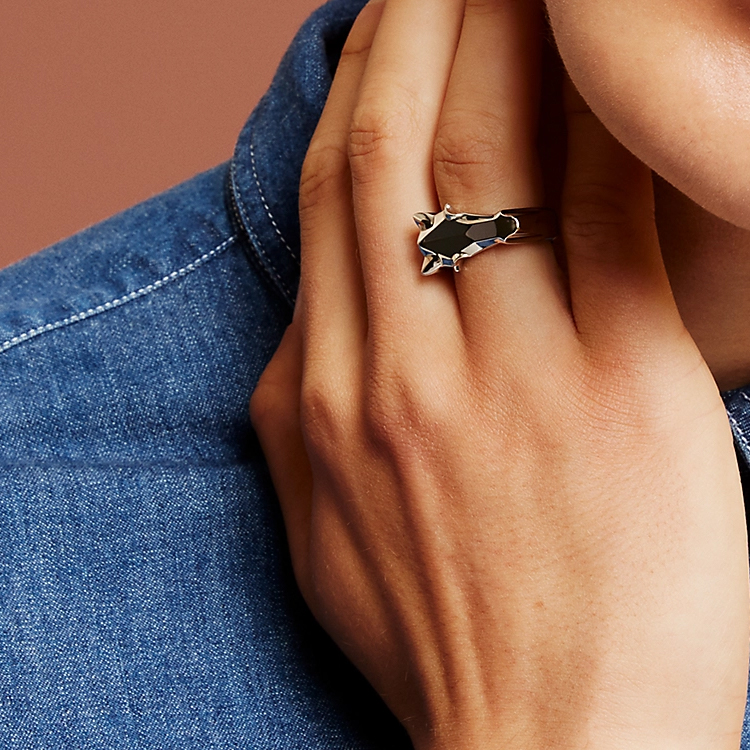 Shop HERMES Destrier 男士漆面不銹鋼銀戒指 H077346FJAA58