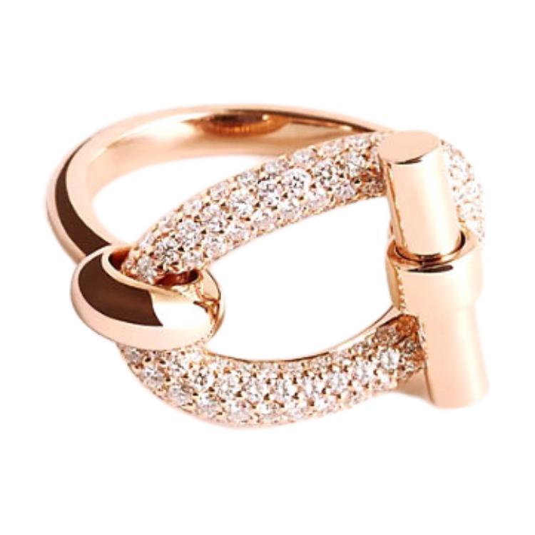 HERMES Diamond-Studded 18K Rose Gold Chain Design Ring for Women. H222614B