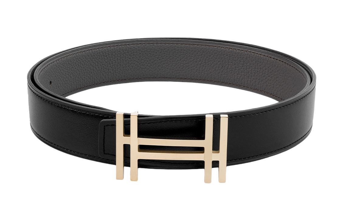 HERMES Double H Buckle Black/Etoupe Reversible Togo Leather Belt 3.2cm H066050CP2K+H073967CAAC