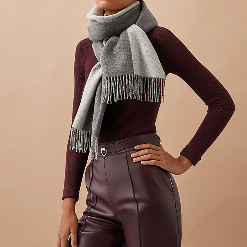 HERMES Double H Wool Scarf Unisex Couple Style Charcoal Gray Light Gray. H259076S-05 圖 3