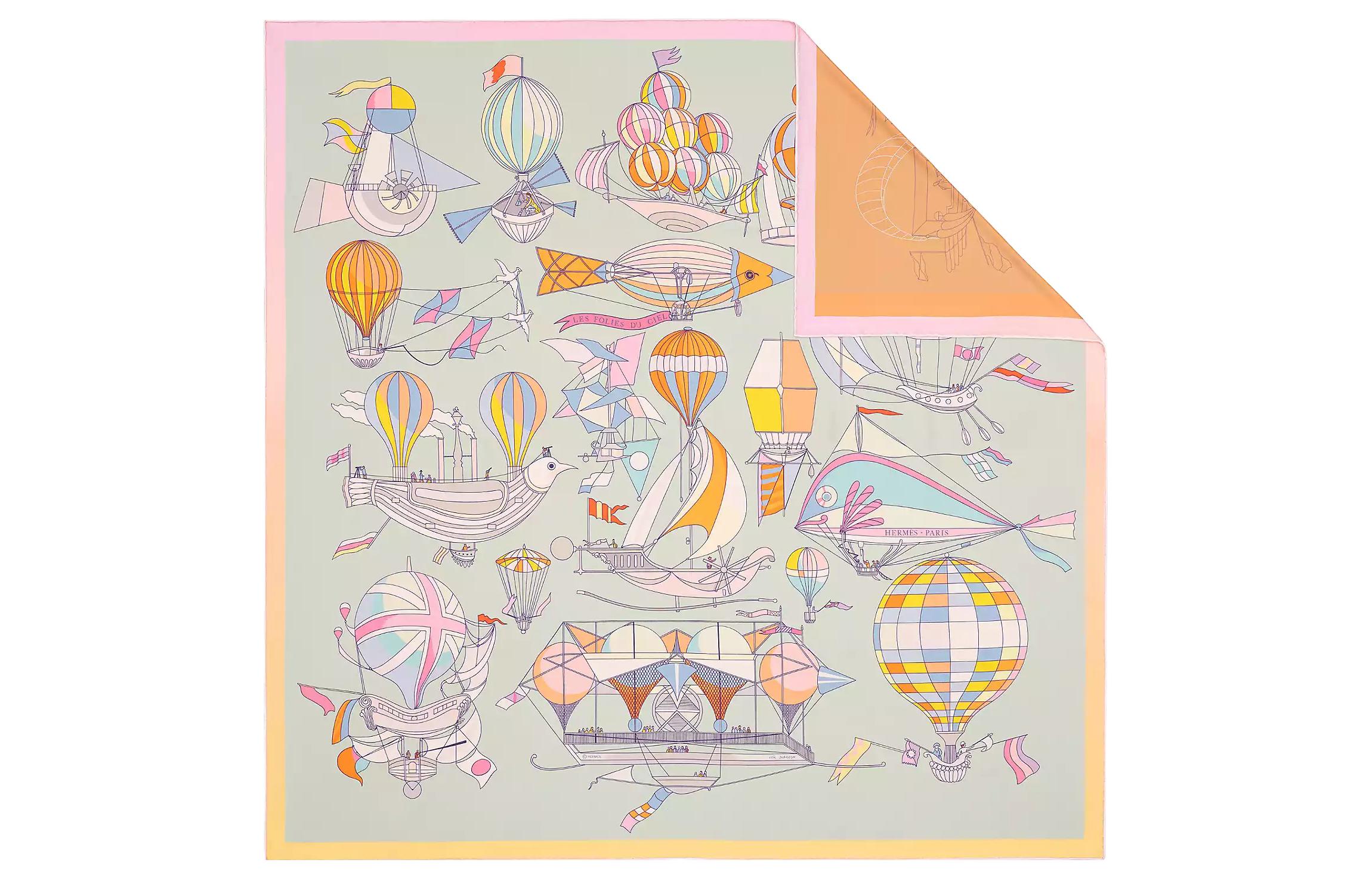 HERMES Dream of Flying 90cm Double-Sided Scarf Green/Pink/Orange H901722S-10