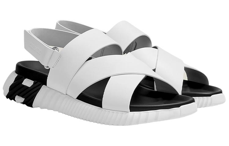 Lookbook 爱马仕白黑魔术贴电动开口平底凉鞋 H221848Z-H90