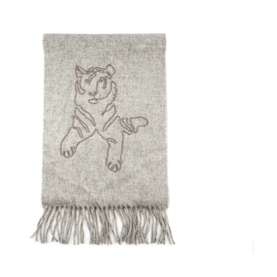 HERMES Embroidered Cashmere Scarf "Tiger King" Unisex in Light Gray. H391632T-02