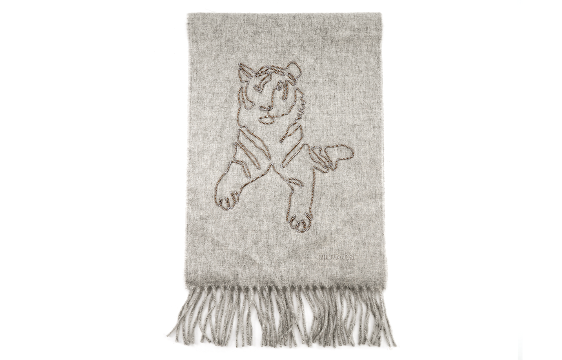 HERMES Embroidered Cashmere Scarf "Tiger King" Unisex in Light Gray. H391632T-02 圖 2
