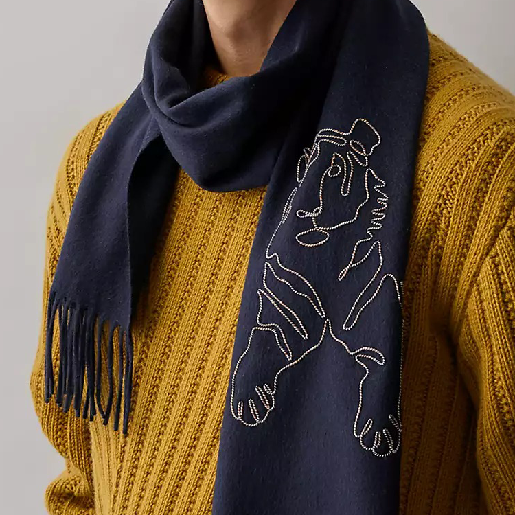 HERMES Embroidered Cashmere Wool Scarf Unisex Couples Edition H391632T-01 圖 4