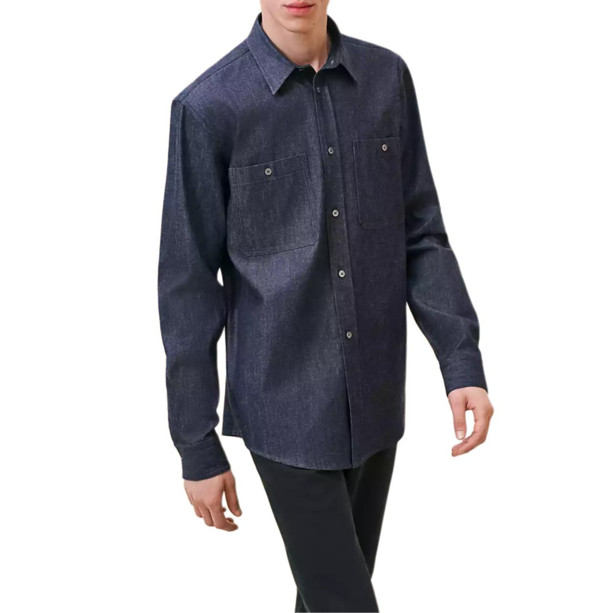 HERMES Embroidered Logo Denim Long-Sleeve Shirt Men’s Indigo Blue. H466260H960