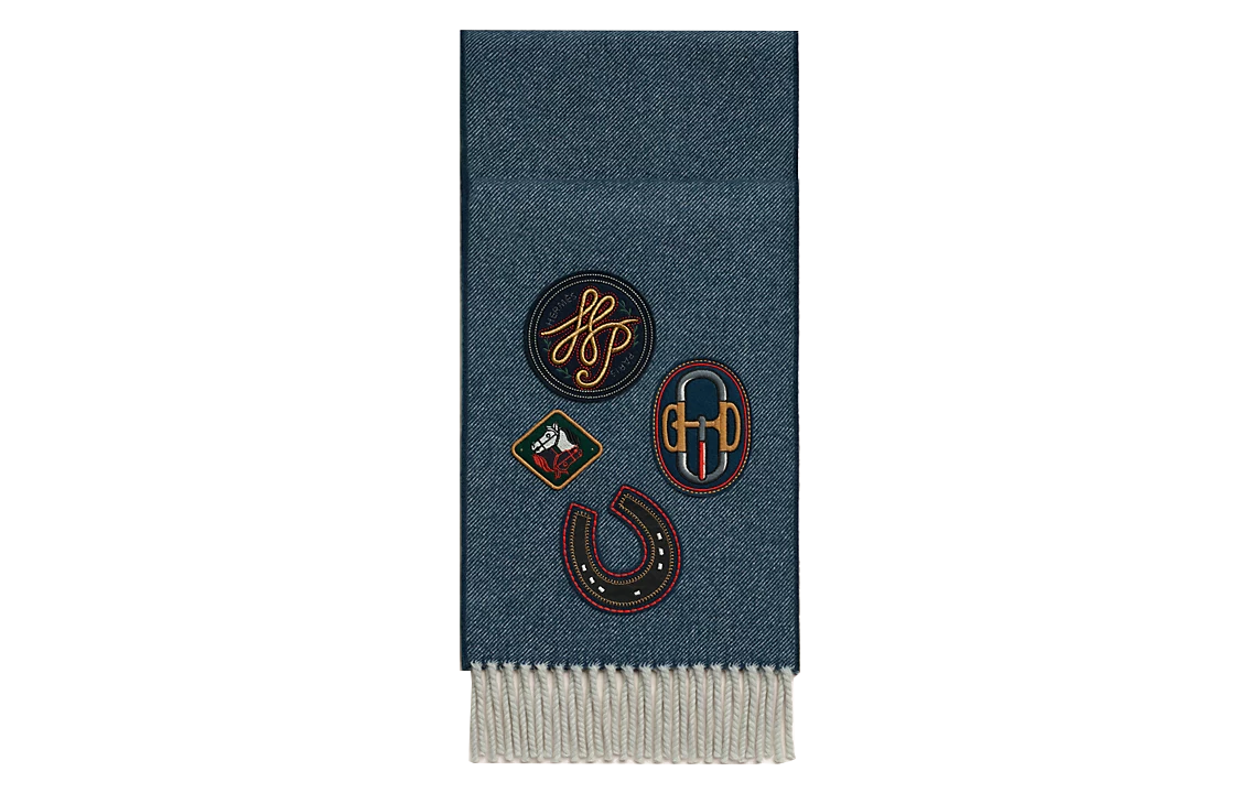 Buy 爱马仕刺绣Logo围巾 男女通用 牛仔蓝 情侣款 H259121S 01
