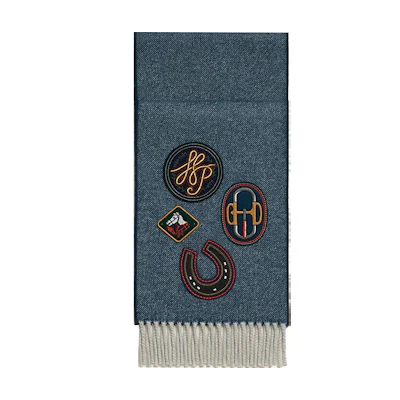HERMES Embroidered Logo Scarf Unisex Denim Blue Couple Design. H259121S 01