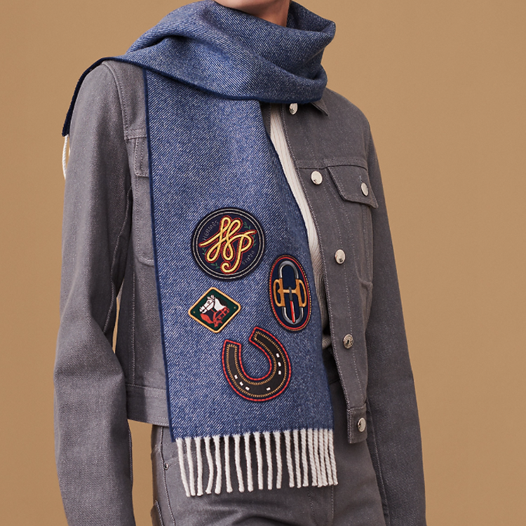 Lookbook 爱马仕刺绣Logo围巾 男女通用 牛仔蓝 情侣款 H259121S 01