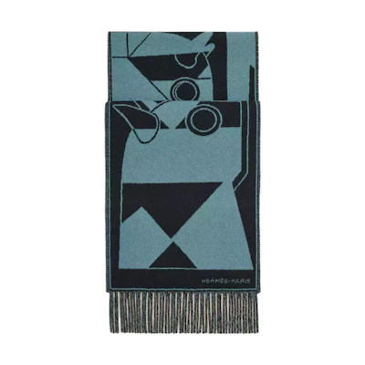 HERMES Embroidered Logo Wool Scarf Blue for Men. H394800T 01