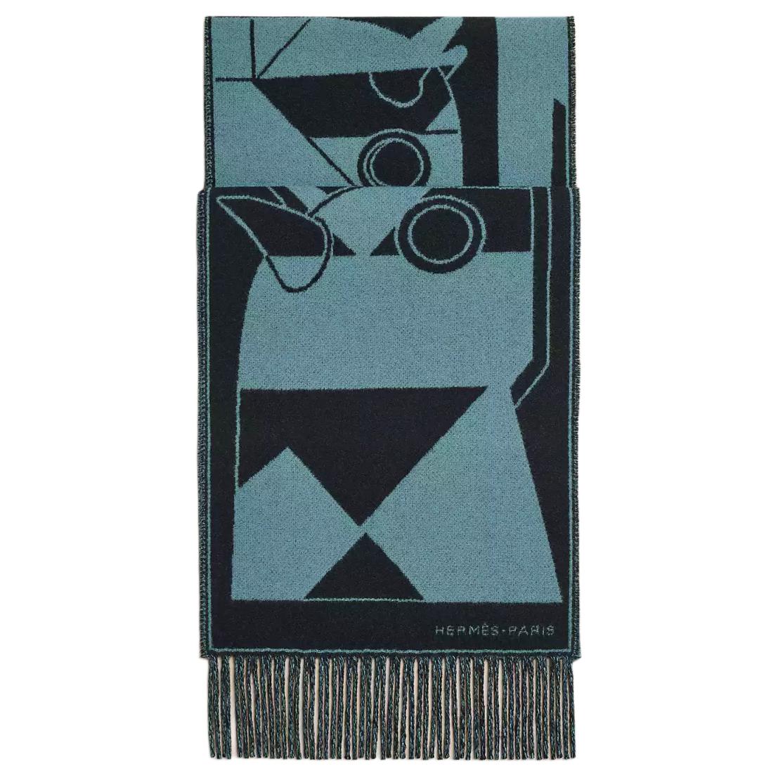 HERMES Embroidered Logo Wool Scarf Blue for Men. H394800T 01 圖 2