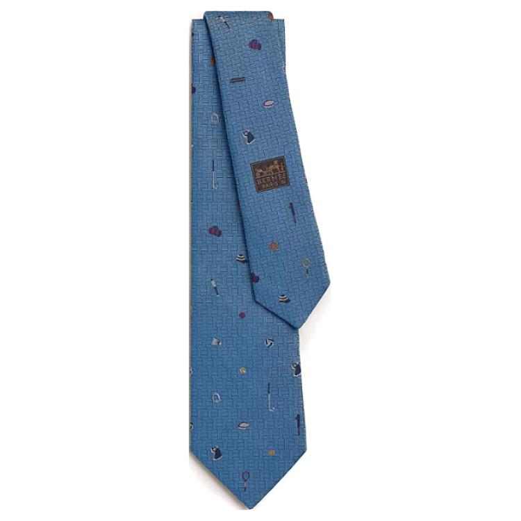 HERMES Embroidered Pattern Printed Silk Tie Blue for Men H339364T06