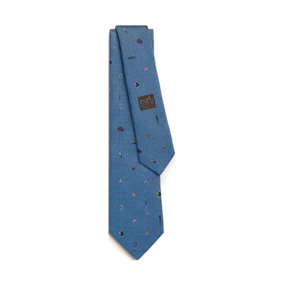 HERMES Embroidered Pattern Printed Silk Tie Blue for Men H339364T06