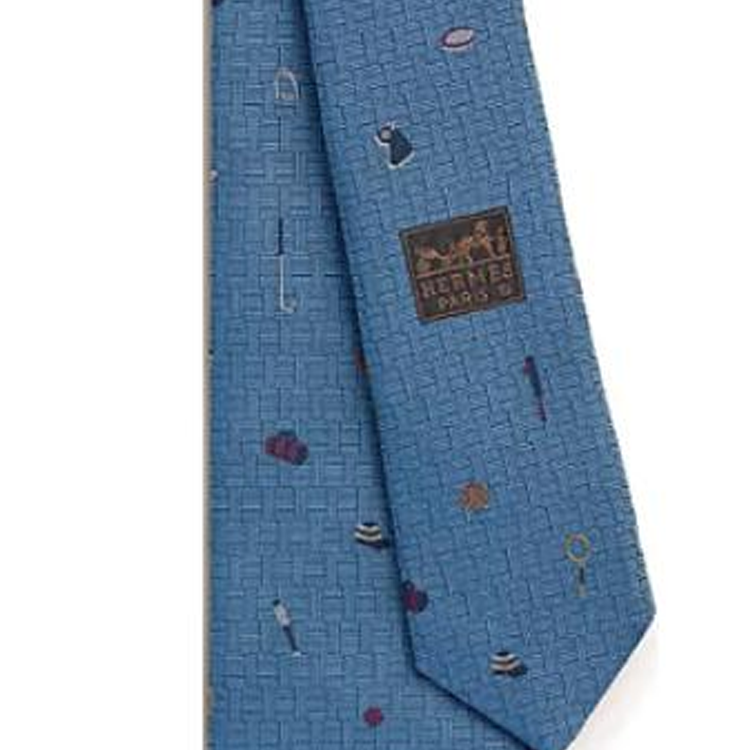 Lookbook エルメス メンズ 刺繍柄 シルクプリント ネクタイ ブルー H339364T06