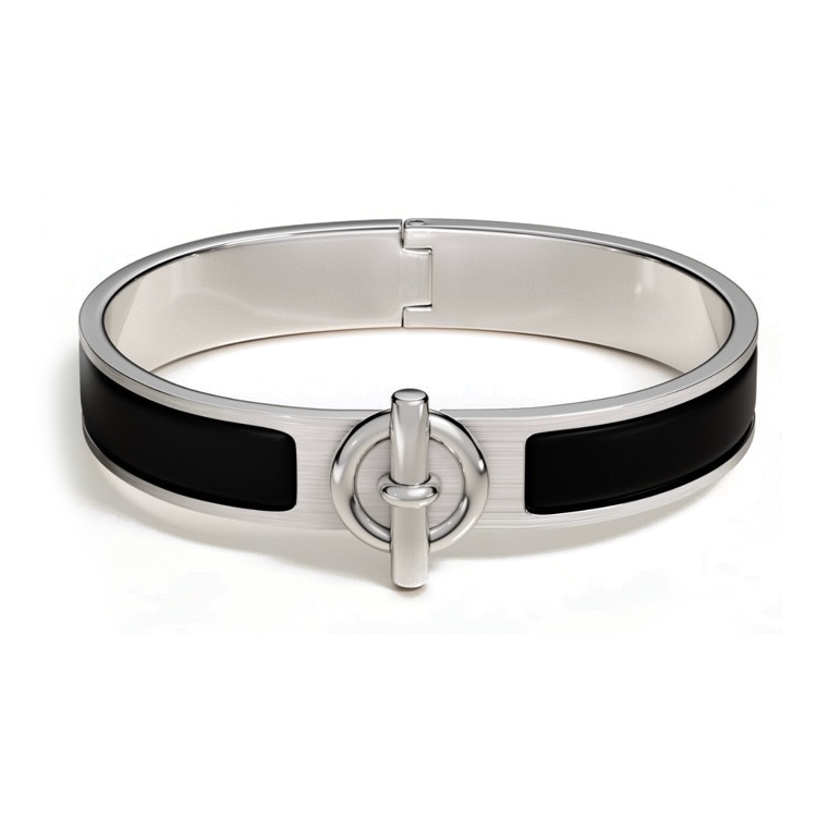 HERMES Enamel Palladium-Plated Logo Design Silver Bracelet for Men 104089148