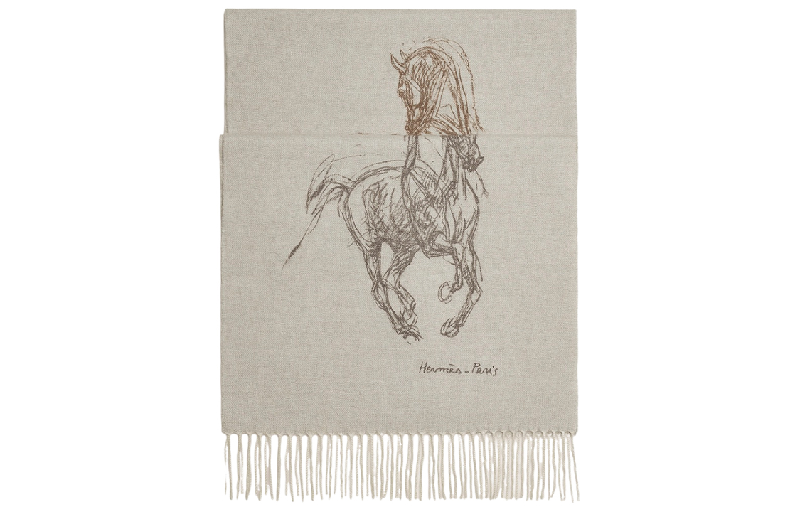 HERMES Equestrian Graphic Cashmere Scarf Beige Unisex Couples' Style H392850T 04