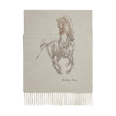 HERMES Equestrian Graphic Cashmere Scarf Beige Unisex Couples' Style H392850T 04