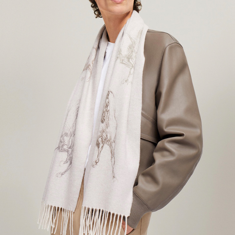 HERMES Equestrian Graphic Cashmere Scarf Beige Unisex Couples' Style H392850T 04 圖 3