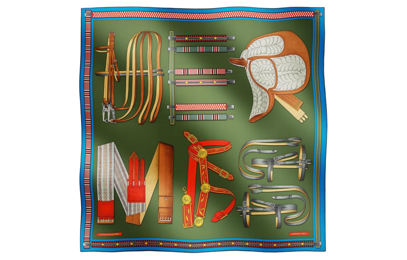 HERMES Equestrian Key Scarf Green Unisex Couples Edition. H004039s-06