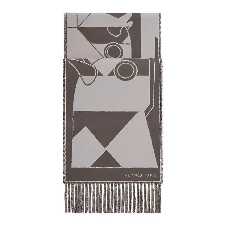 HERMES Equestrian Knit Design Scarf Unisex Couple Style in Gray. H394800T 02