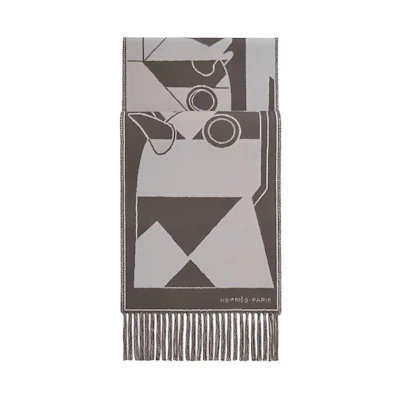 HERMES Equestrian Knit Design Scarf Unisex Couple Style in Gray. H394800T 02