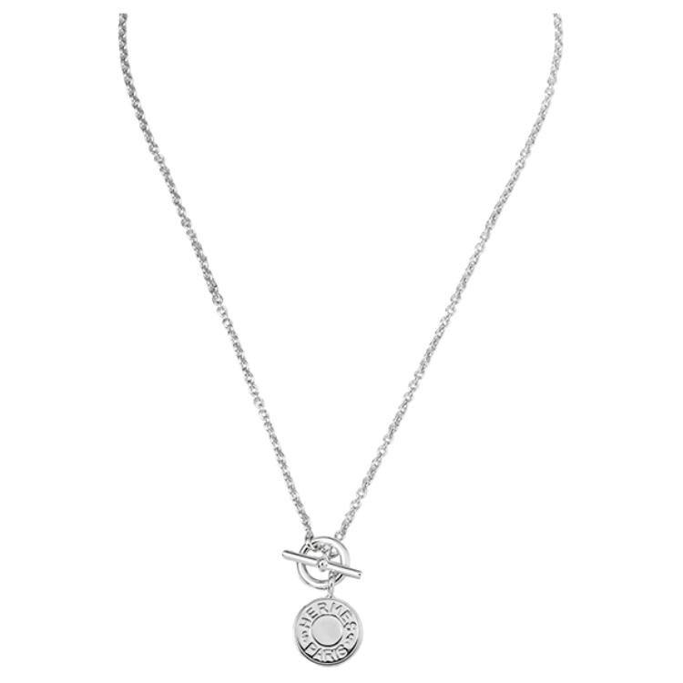 HERMES Ex-Libris Engraved Pendant Necklace 925 Silver Unisex Couple Design H104143B-00