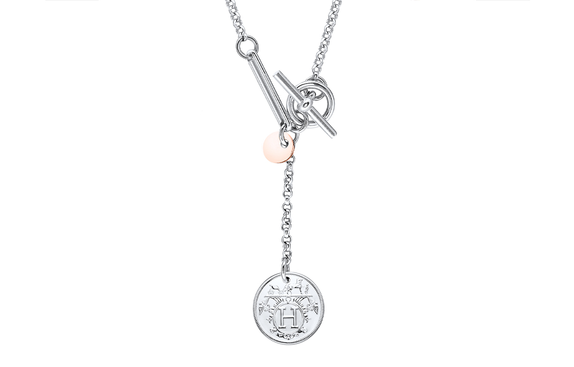 HERMES Ex-Libris Small Pendant Necklace 925 Silver Unisex Couple Design H120341B-00