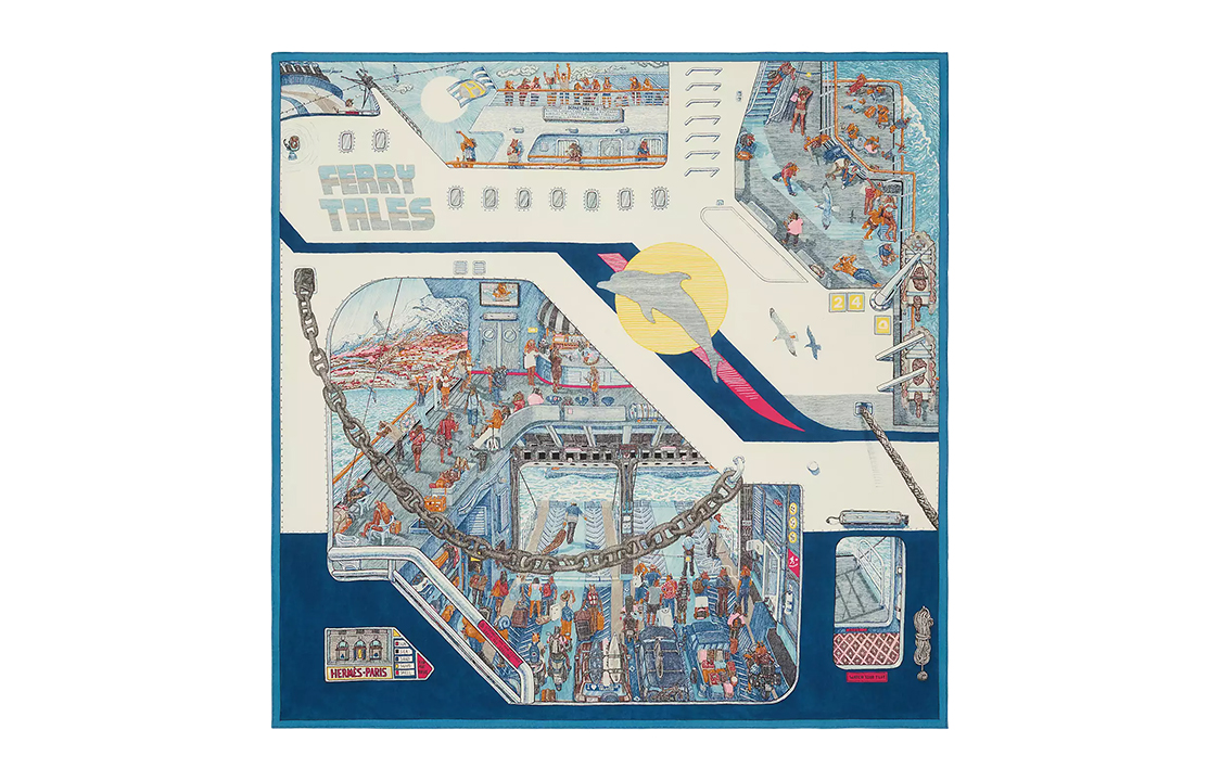 HERMES Ferries Story Blue Cashmere Silk Scarf Unisex Couples Design. H103812T 05