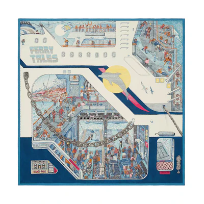HERMES Ferries Story Blue Cashmere Silk Scarf Unisex Couples Design. H103812T 05