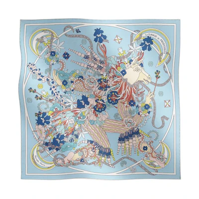 HERMES Floral Print Silk Scarf Unisex Couple Style Blue H893922S08