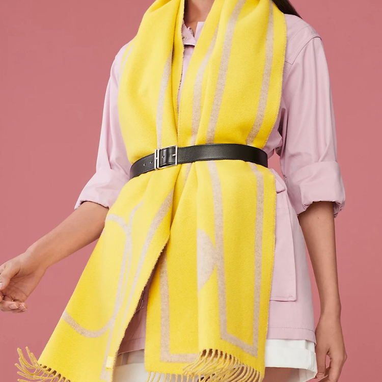 HERMES Fringe Design Logo Pattern Wool Scarf Yellow Unisex Couple Style. H259105S 03 圖 3