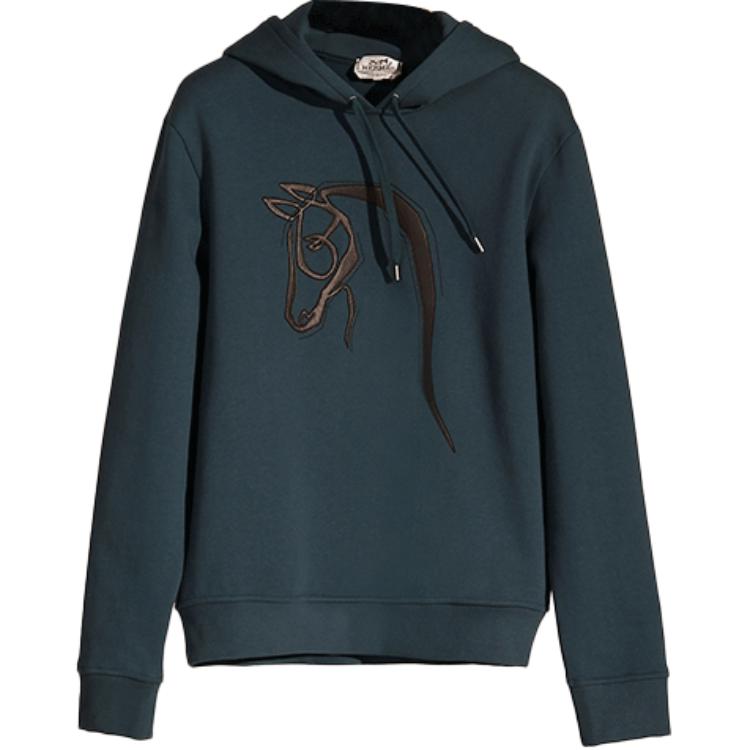 Hermes FW21 Green Hoodie with Leather Detail and Horse Motif for Men H167545HA65