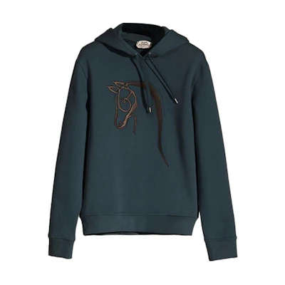 Hermes FW21 Green Hoodie with Leather Detail and Horse Motif for Men H167545HA65