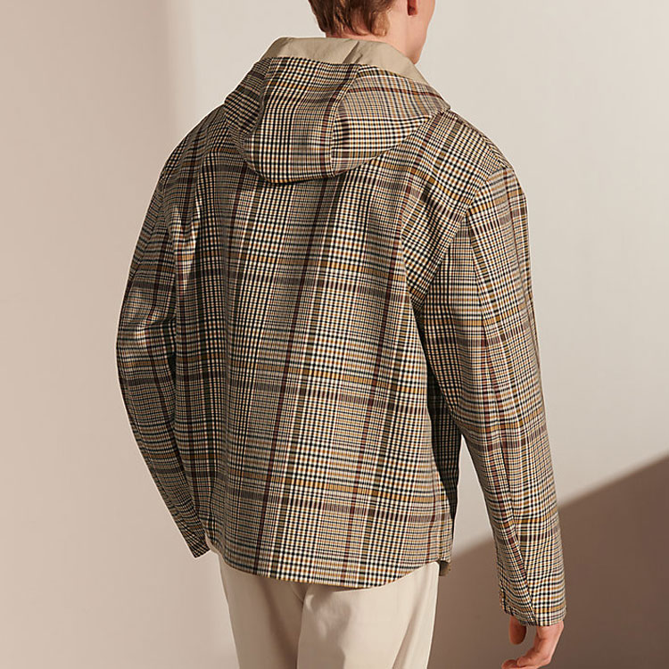 Shop HERMES FW21 Jaket Hoodie Zip-Up Kanvas Kotak-Kotak Khaki H162520HF98