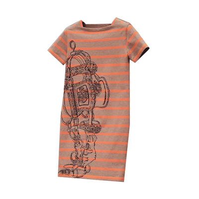 HERMES FW21 Striped Jersey Cotton Straight Short Sleeve Dress Orange H1H4501DN03