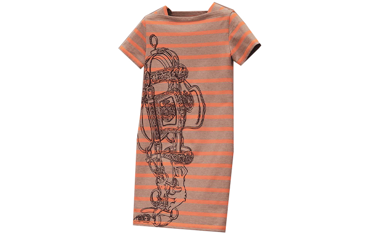 Order HERMES FW21 Striped Jersey Cotton Straight Short Sleeve Dress Orange H1H4501DN03