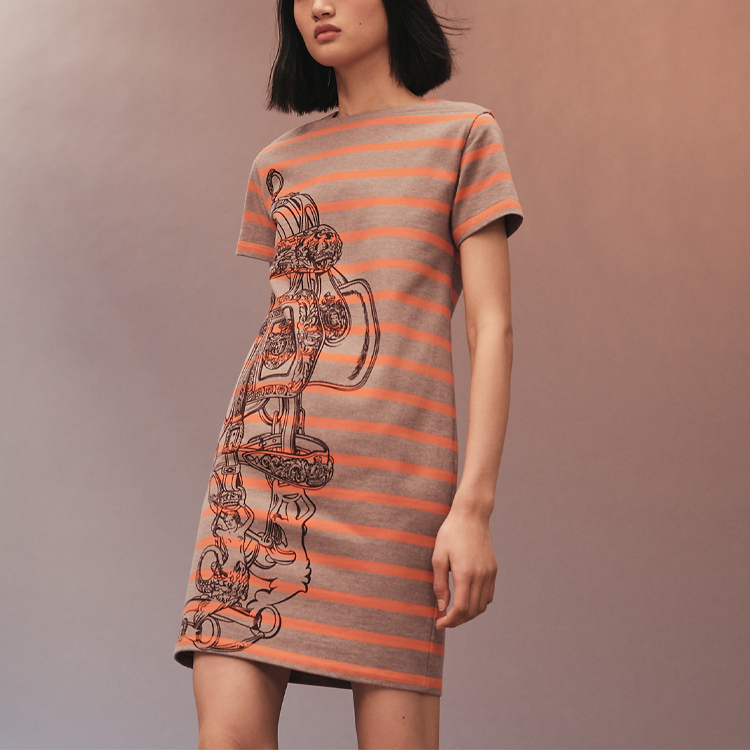 Lookbook HERMES FW21 Striped Jersey Cotton Straight Short Sleeve Dress Orange H1H4501DN03