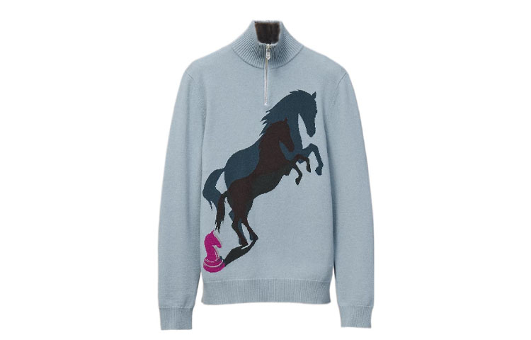 HERMES FW22  Full-Zip Knit Jacket with Animal Print in Mist Grey. H267200HA3Q