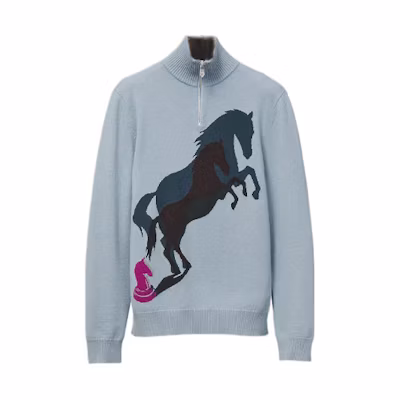 HERMES FW22 Full-Zip Knit Jacket with Animal Print in Mist Grey. H267200HA3Q