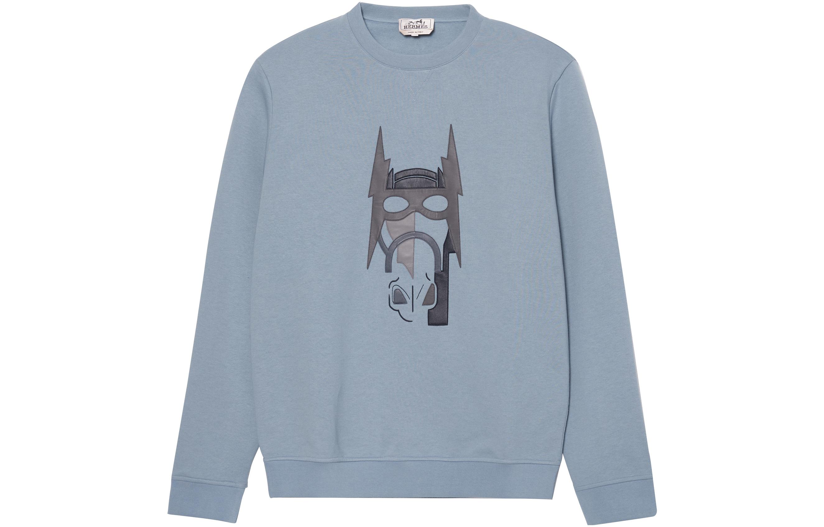 HERMES FW22  Logo Print Crewneck Sweatshirt Misty Blue with Leather Detail. H267680HA3Q