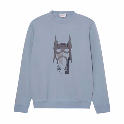 HERMES FW22 Logo Print Crewneck Sweatshirt Misty Blue with Leather Detail. H267680HA3Q