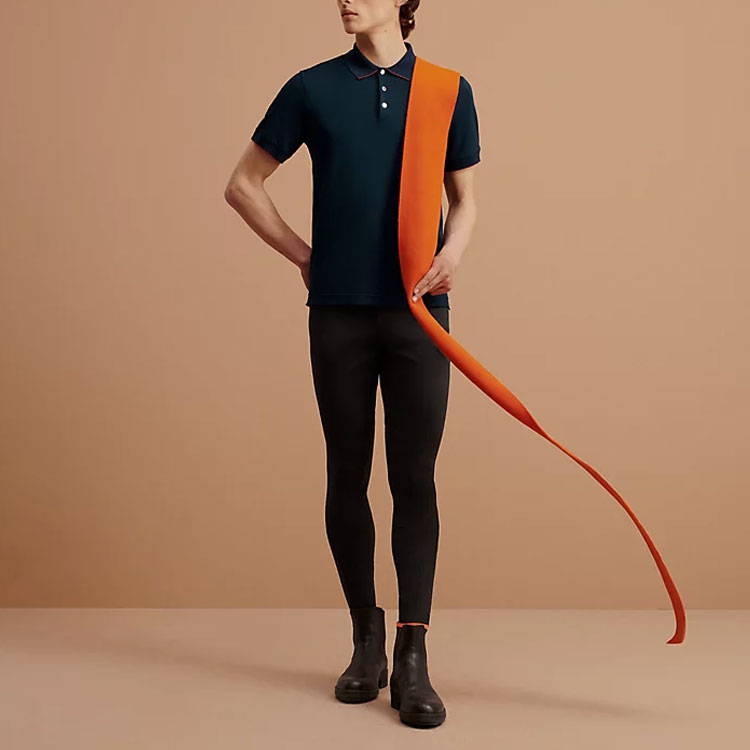 Purchase 爱马仕FW22海军蓝不对称开衩下摆短袖棉质POLO衫 H800271-E01