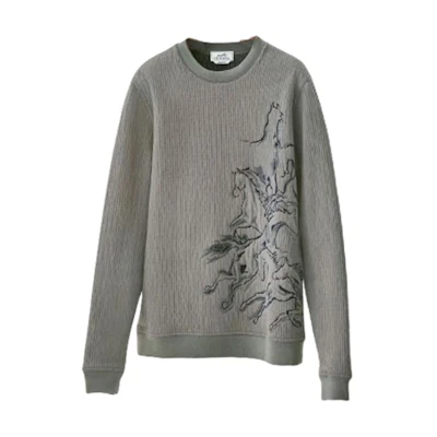 Hermes FW22 Animal Logo Embroidered Crewneck Loose Sweatshirt Grey Men H257750HA99