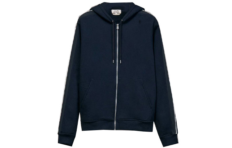 Hermes FW22 Blue Hoodie with Solid Stripes and Drawstring Zip Design H267650HA01