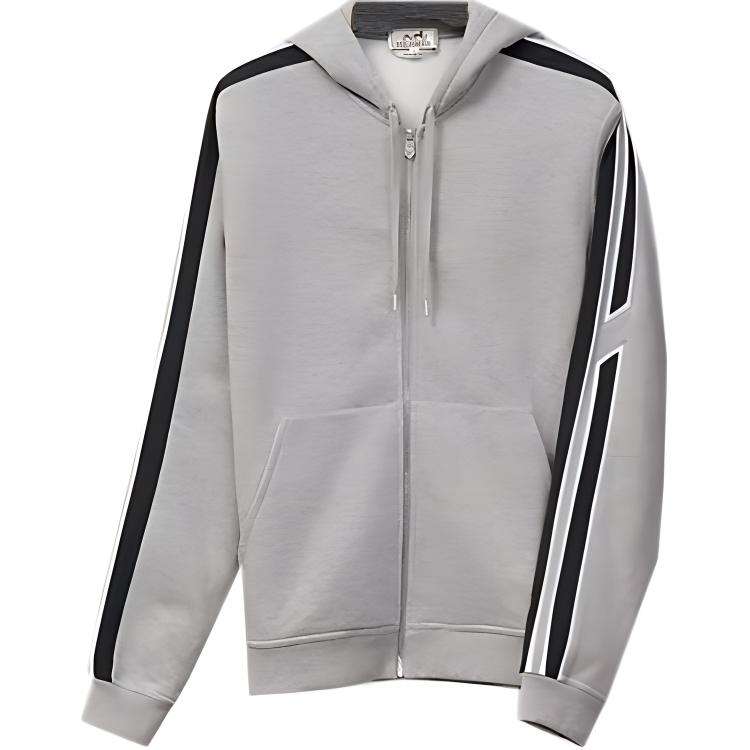 HERMES FW22 Striped Print Zip Hoodie  Grey Long Sleeve Casual Sweater H267650HA1O