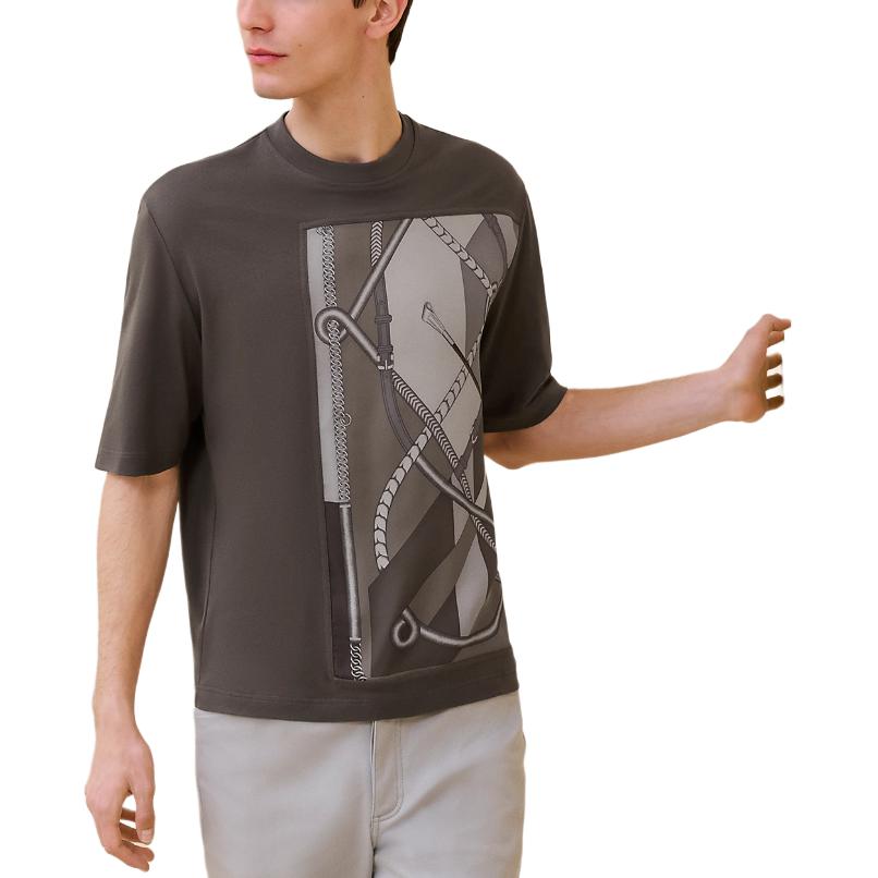 HERMES FW24  Brown Knit Short-Sleeve Crewneck with Pattern Print. H467920HA0I