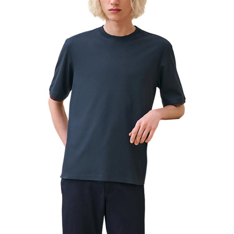 HERMES FW24  Solid Color Crewneck Short Sleeve T-Shirt Navy Blue H467950HA01