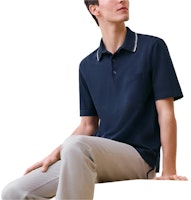 HERMES FW24 Striped Contrast Trim Ribbed Short Sleeve Polo Navy Blue. H467995HA01 HERMES FW24 Striped Contrast Trim Ribbed Short Sleeve Polo Navy Blue. H467995HA01