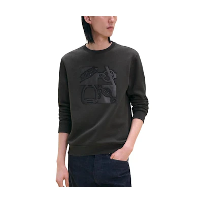 HERMES FW24 Black Sheepskin Patch Crewneck Long Sleeve Sweatshirt Men H467810HA11