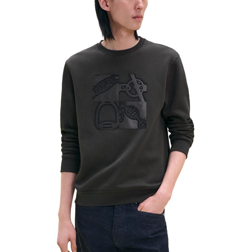 Order HERMES Sweatshirt Lelaki Hitam Sheepskin Patch Lengan Panjang Crewneck H467810HA11